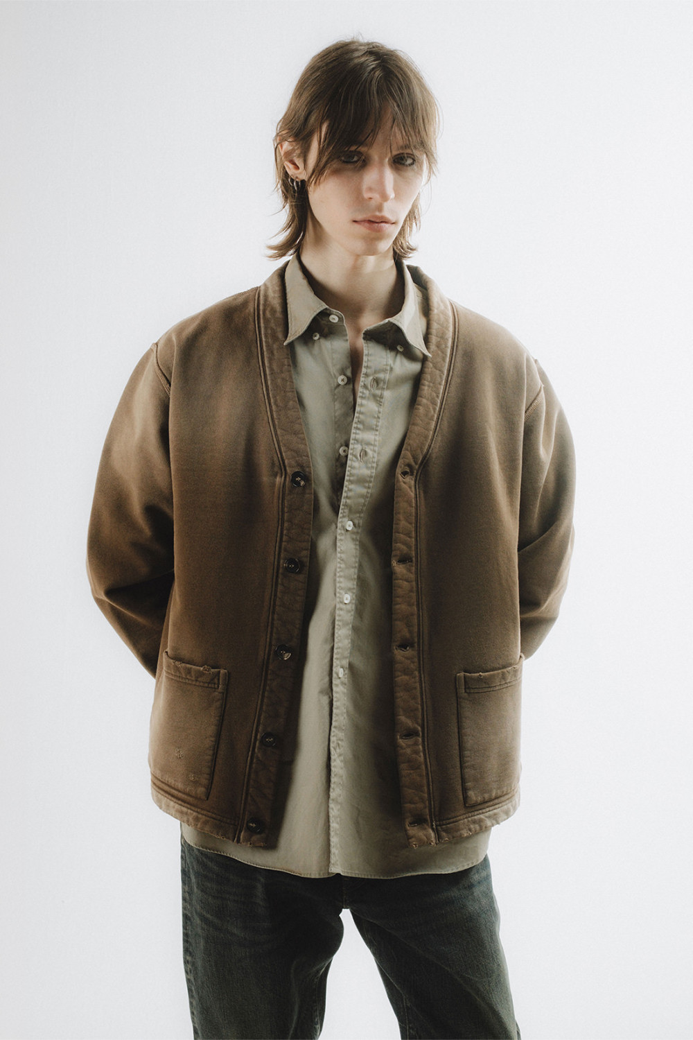AMISH: DESTROYED-EFFECT FLEECE CARDIGAN