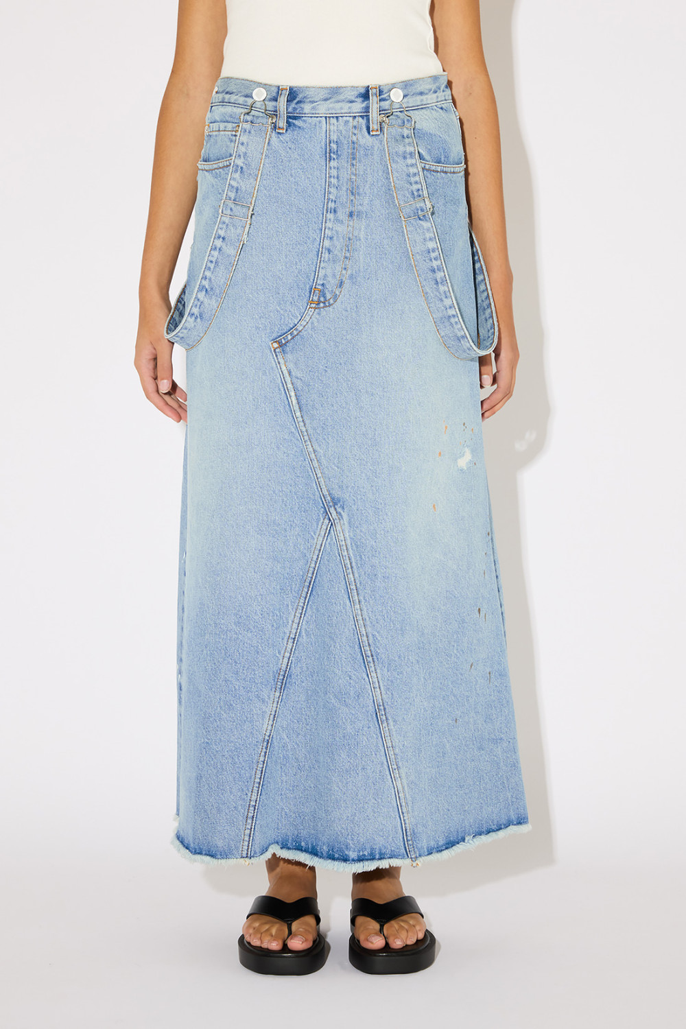 AMISH: UP FLARE DENIM OVERALLS SKIRT 