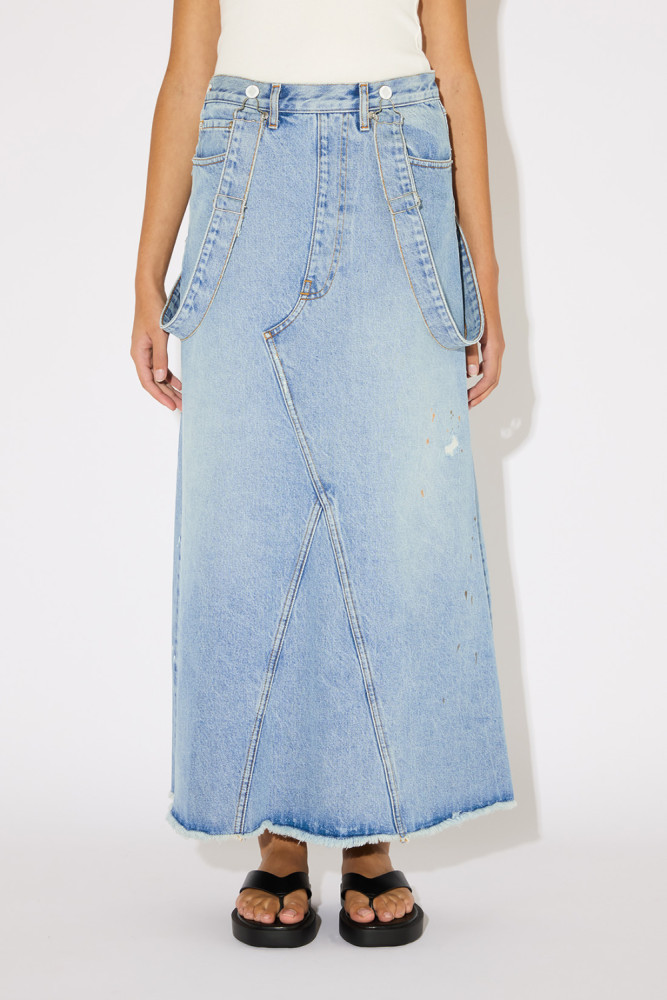 UP FLARE DENIM OVERALLS SKIRT 