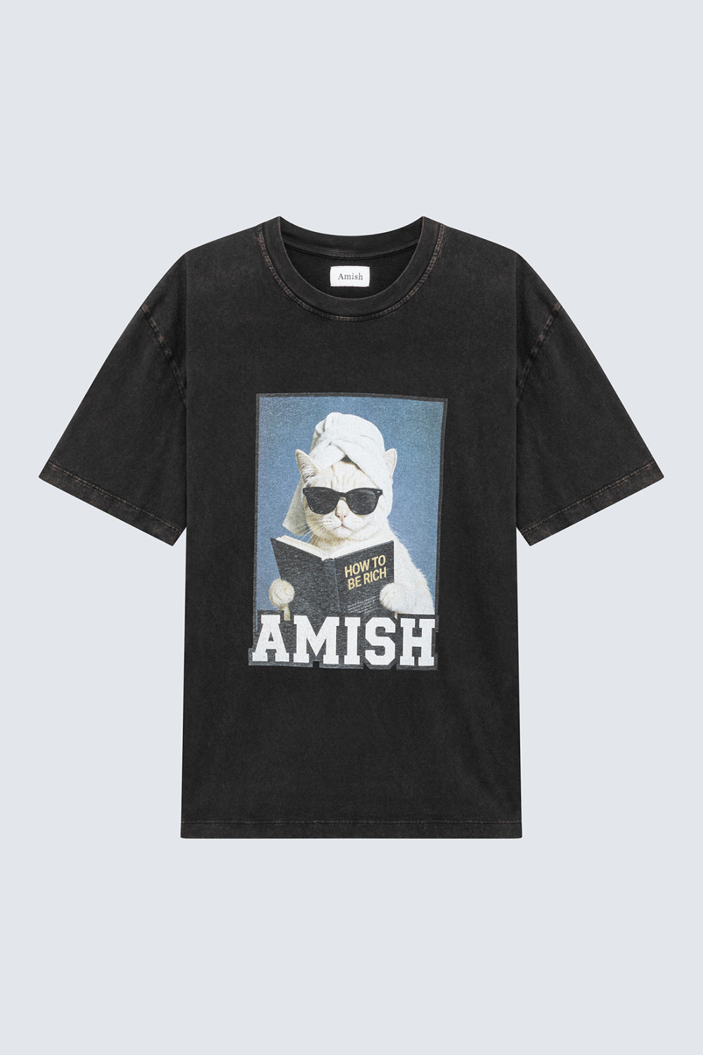 AMISH: CREW NECK T-SHIRT IN JERSEY WITH RICH CAT PRINT
