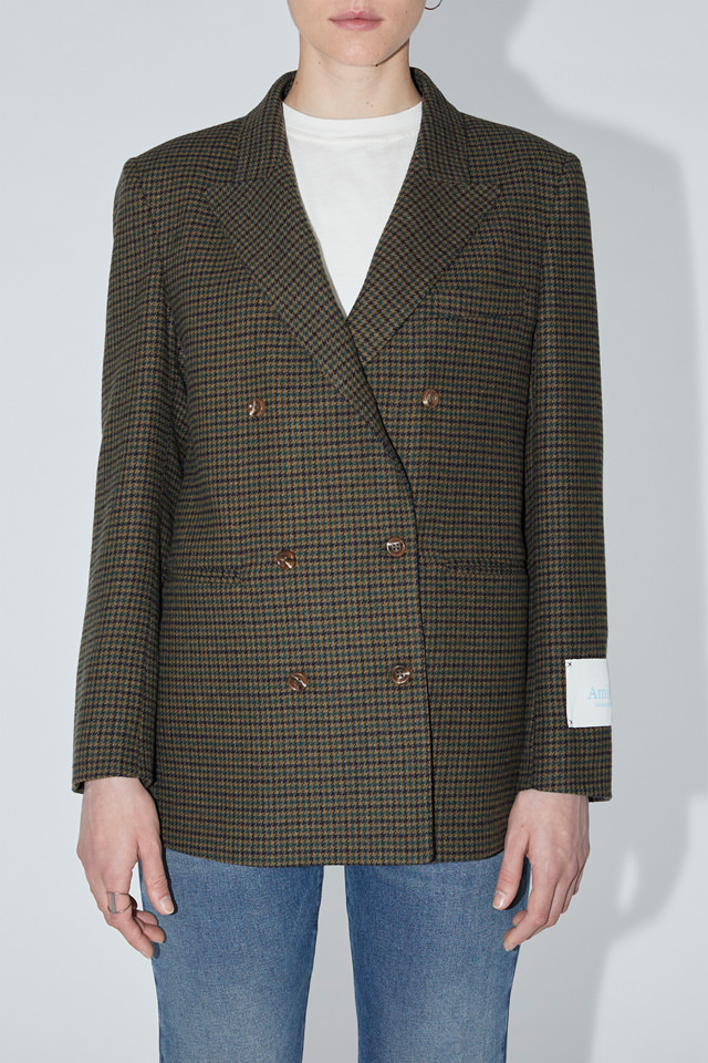 AMISH: DOUBLE BREASTED BLAZER IN HOUNDSTOOTH PRINT WOOL BLEND