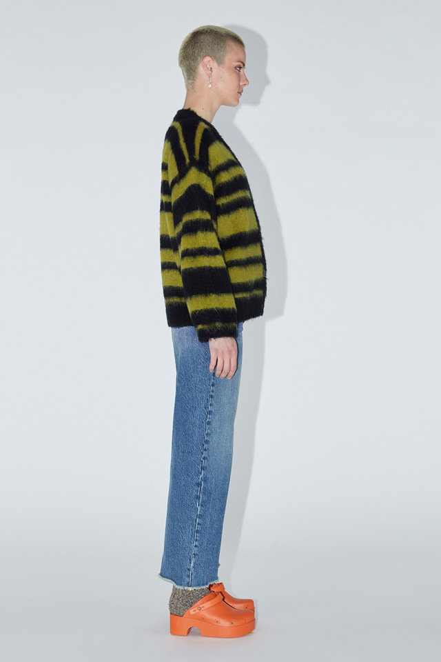 AMISH: STRIPED CARDIGAN IN BRUSHED MOHAIR