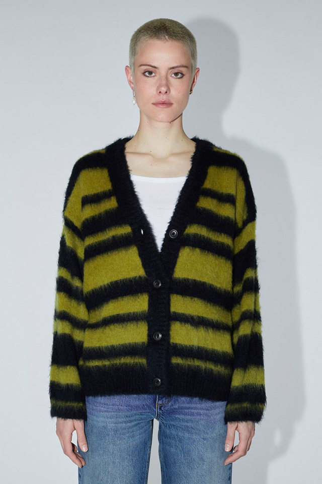 AMISH: STRIPED CARDIGAN IN BRUSHED MOHAIR